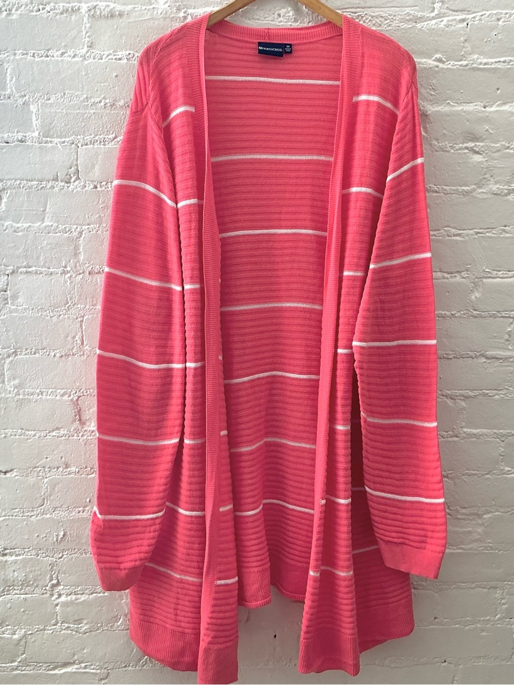 Northcrest 3X Coral White Stripped Open Cardigan Sweater Lightweight Cotton